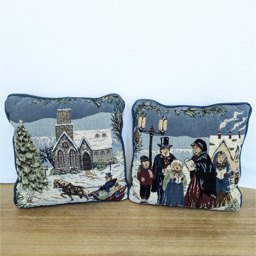 Christmas Snow Scene Tapestry Pillow Set Carolers Church Decor Blue 11x11"
